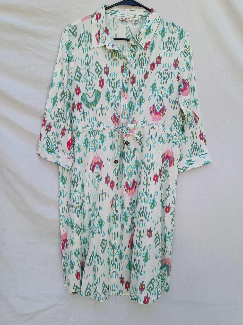 Zara Sunhara White Midi Shirt Dress with Pink & Teal Aztec Print Size Large